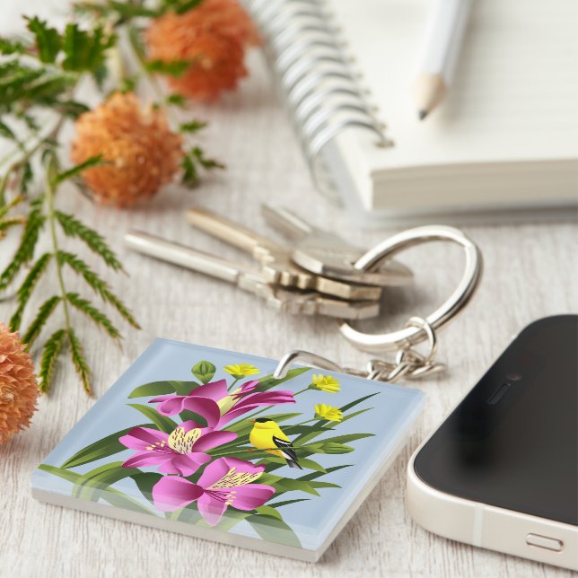 Goldfinch and Flowers Key Ring (Front Right)