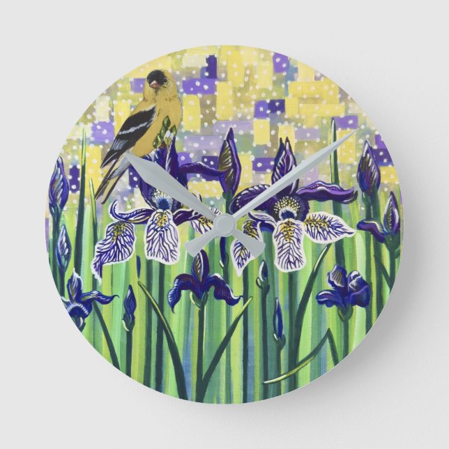 Goldfinch and Irises  Round Clock (Front)