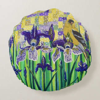 Goldfinch and Irises  Round Cushion