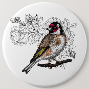 Goldfinch and roses 6 cm round badge