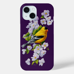 Goldfinch Bird and Apple Blossoms Purple iPhone 15 Case