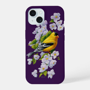 Goldfinch Bird and Apple Blossoms Purple iPhone 15 Case