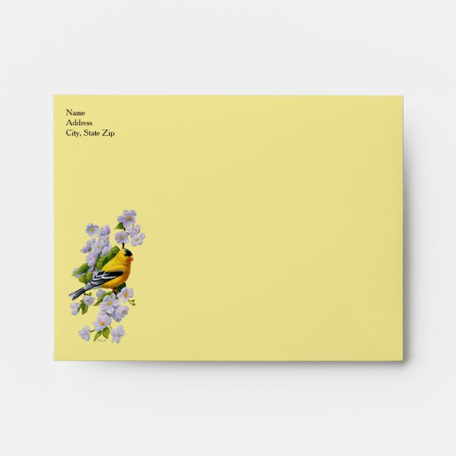 Goldfinch Bird and Apple Blossoms Yellow Envelopes (Front)