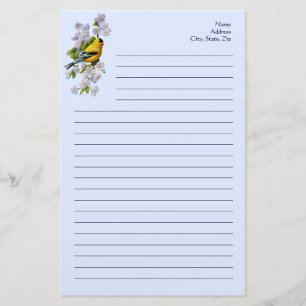 Goldfinch Bird & Apple Blossoms Blue Stationery