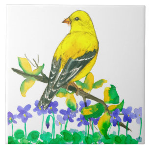 Goldfinch Bird Purple Violets Flowers Ceramic Tile