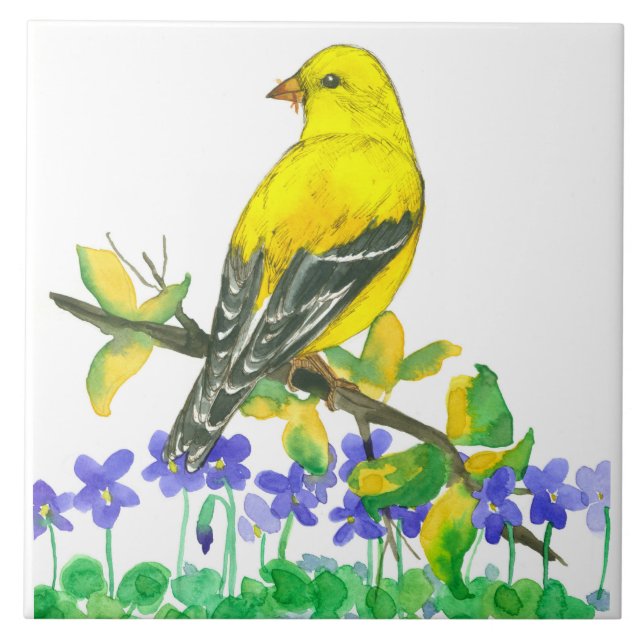 Goldfinch Bird Purple Violets Flowers Ceramic Tile (Front)