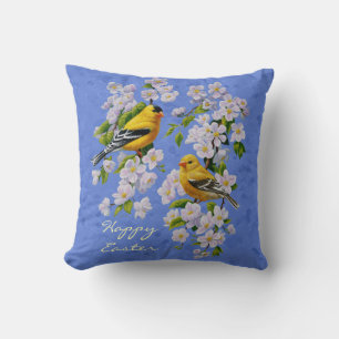 Goldfinch Birds and Flowers Blue Cushion