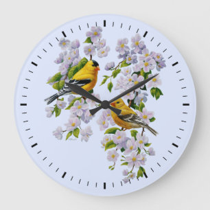 Goldfinch Birds and Flowers Blue Large Clock