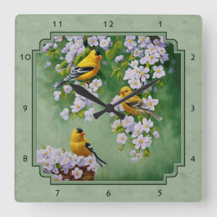 Goldfinch Birds and Flowers Green Square Wall Clock