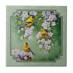 Goldfinch Birds and Flowers Green Tile