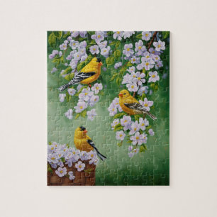 Goldfinch Birds & Apple Blossom Flowers Jigsaw Puzzle