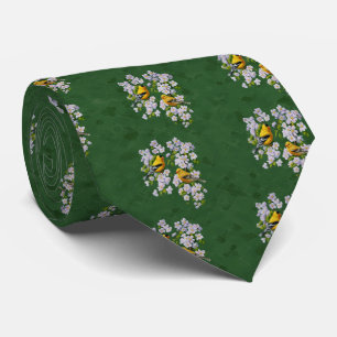 Goldfinch Birds & Apple Blossoms Green Tie