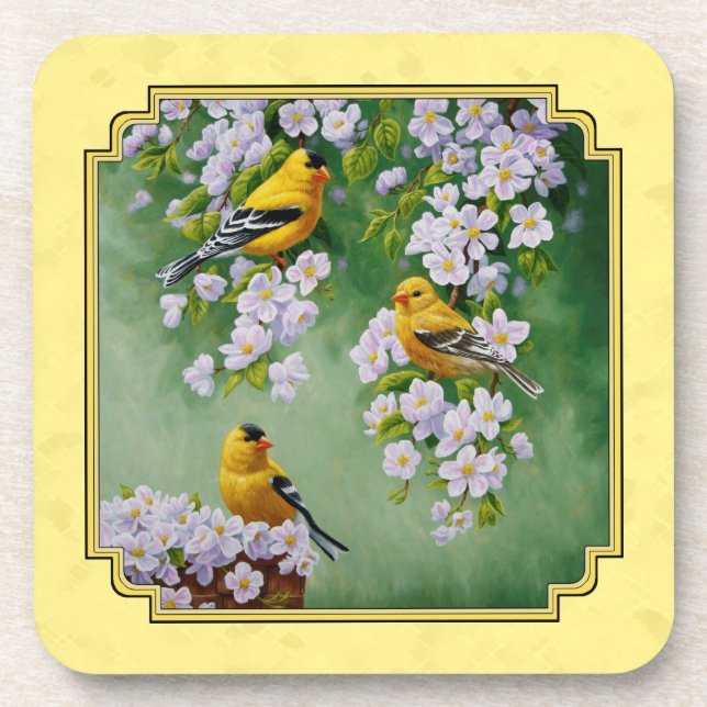 Goldfinch Birds & Apple Blossoms Yellow Coaster (Front)