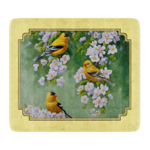 Goldfinch Birds & Apple Blossoms Yellow Cutting Board