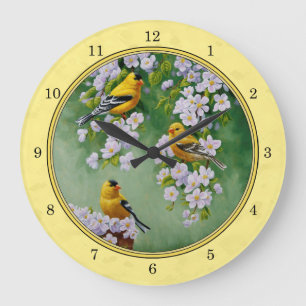 Goldfinch Birds & Apple Blossoms Yellow Large Clock