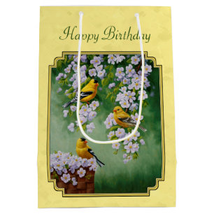 Goldfinch Birds & Apple Blossoms Yellow Medium Gift Bag