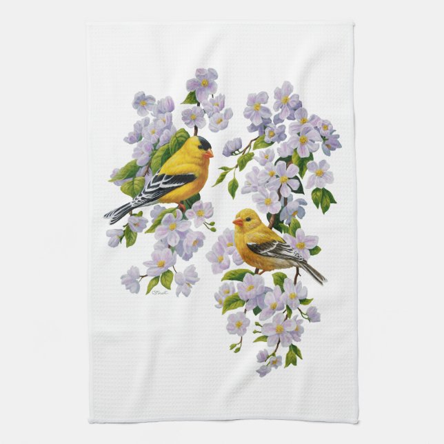 Goldfinch Birds & Flowers U-Pick Background Colour Tea Towel (Vertical)