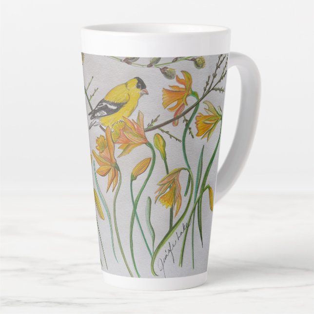 Goldfinch & Daffidols Latte Mug (Right Angle)