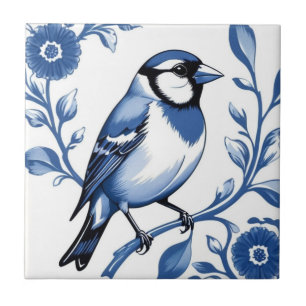 Goldfinch Delft Blue and White Floral Finch Bird Ceramic Tile