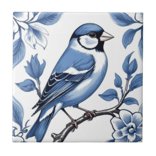 Goldfinch Finch Bird Delft Blue and White Floral Ceramic Tile