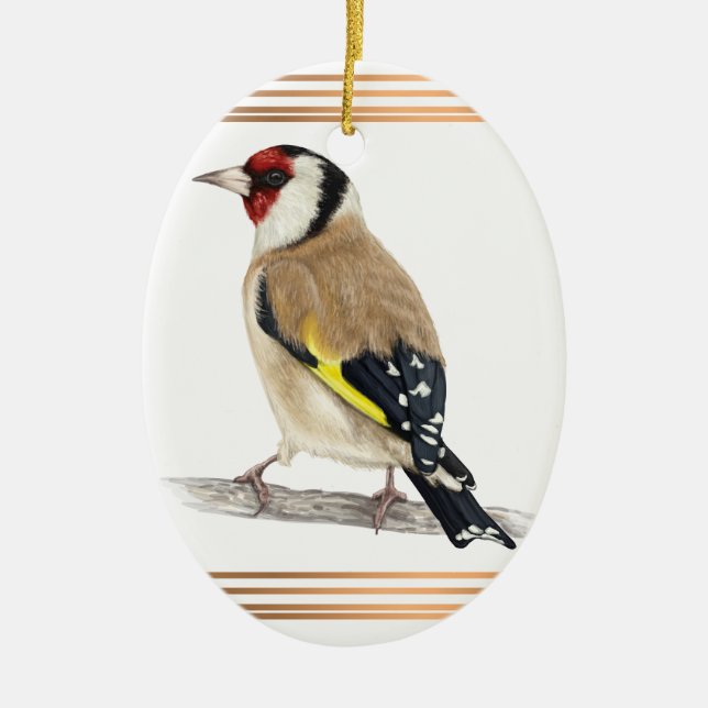 Goldfinch framed with gold lines ceramic ornament (Front)