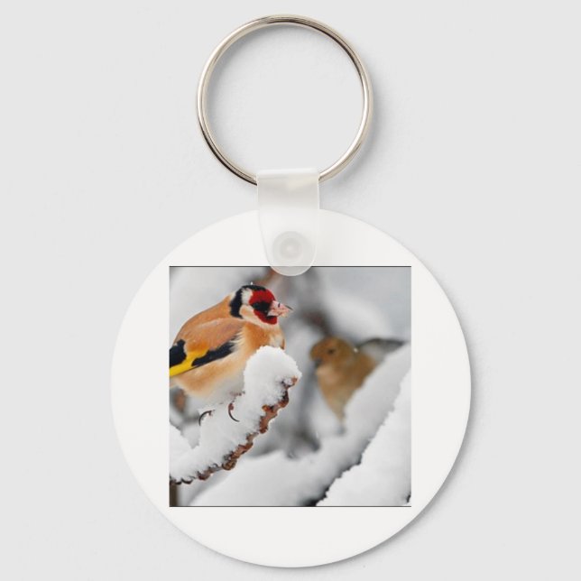 Goldfinch in snow key ring (Front)