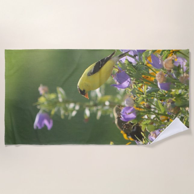 Goldfinch on a Harebell Flower      Beach Towel (Front)