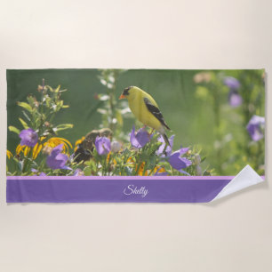 Goldfinch on a Harebell Flower Beach Towel