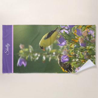 Goldfinch on a Harebell Flower     Beach Towel