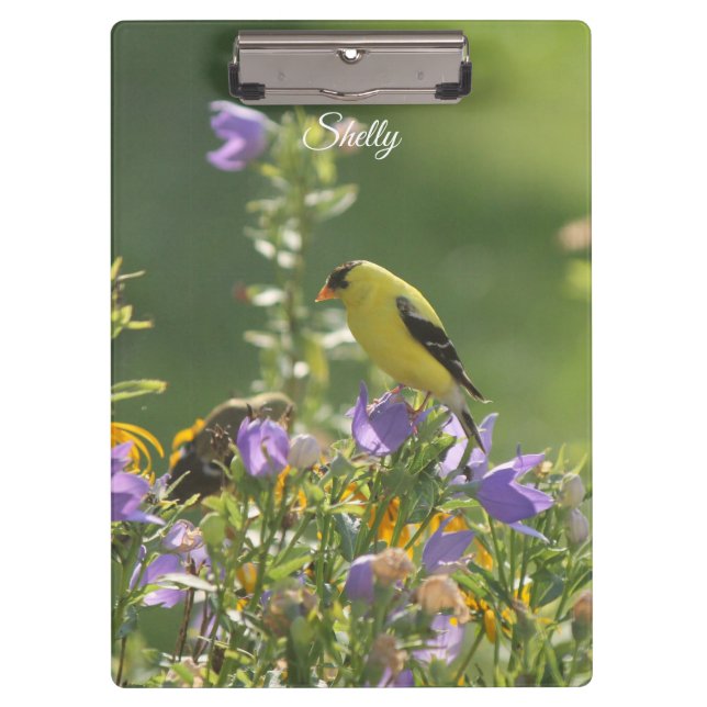 Goldfinch on a Harebell Flower Clipboard (Front)