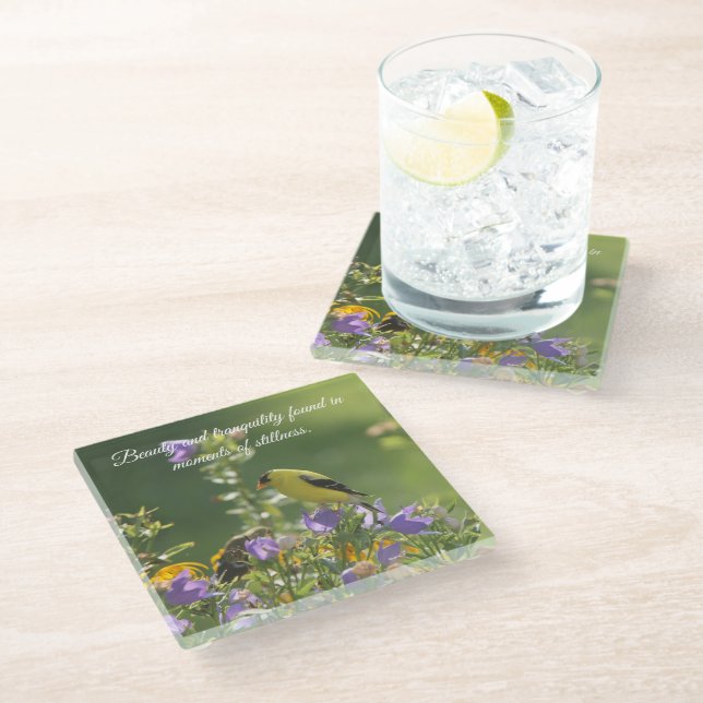 Goldfinch on a Harebell Flower Glass Coaster (Angled)