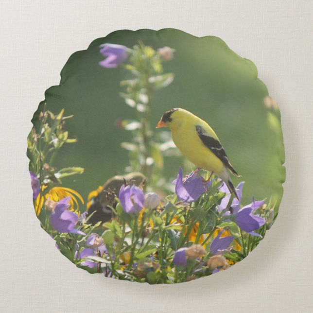 Goldfinch on a Harebell Flower  Round Cushion (Front)