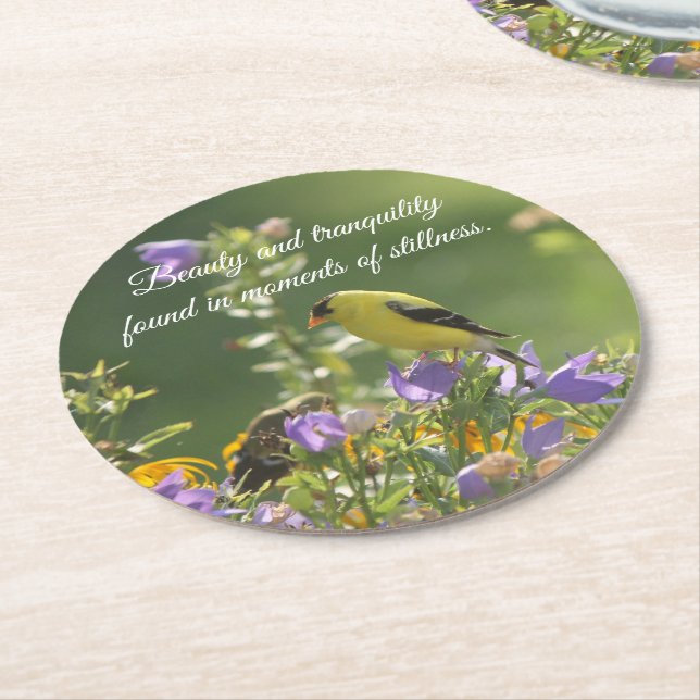 Goldfinch on a Harebell Flower Round Paper Coaster (Angled)