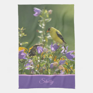 Goldfinch on a Harebell Flower Tea Towel