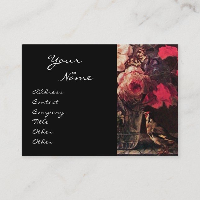 GOLDFINCH,PINK ROSES AND BUTTERFLY BUSINESS CARD (Front)