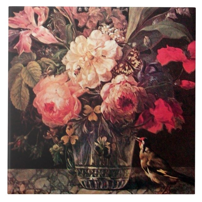 GOLDFINCH,PINK ROSES AND BUTTERFLY CERAMIC TILE (Front)