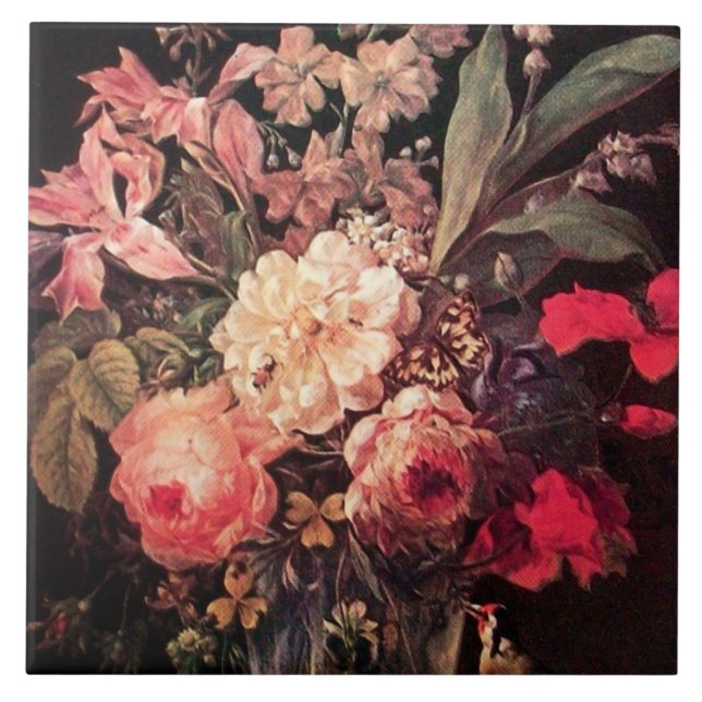 GOLDFINCH,PINK ROSES AND BUTTERFLY Flemish Ceramic Tile (Front)