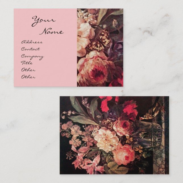 GOLDFINCH,PINK ROSES AND BUTTERFLY Floral Business Card (Front/Back)