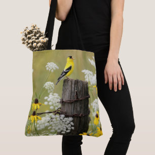 Goldfinch Singing on a Fence Post Tote Bag