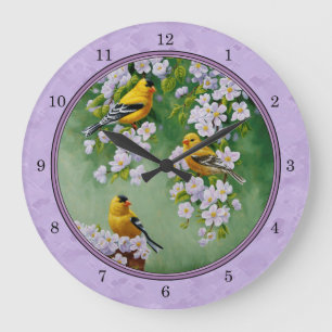 Goldfinch Trio & Apple Blossoms Purple Large Clock