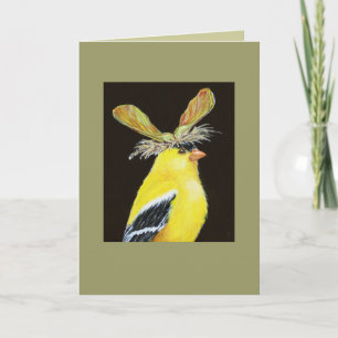 Goldfinch with maple seed hat card