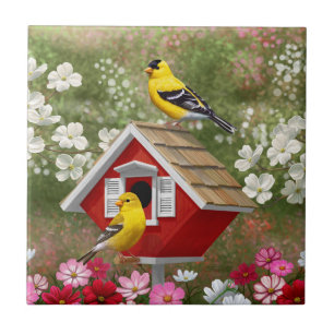 Goldfinches and Cute Cottage Birdhouse Ceramic Tile