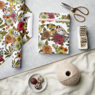 Goldfinches and flowers wrapping paper