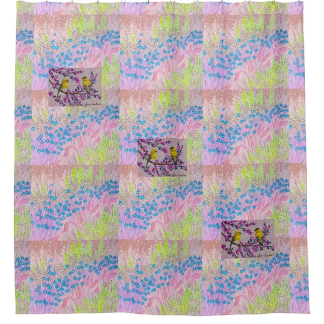 Goldfinches in a Pink Meadow Shower Curtain (Front)