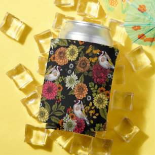 Goldfinches in the garden on black can cooler