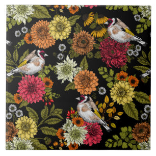 Goldfinches in the garden on black ceramic tile