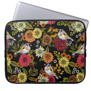 Goldfinches in the garden on black laptop sleeve