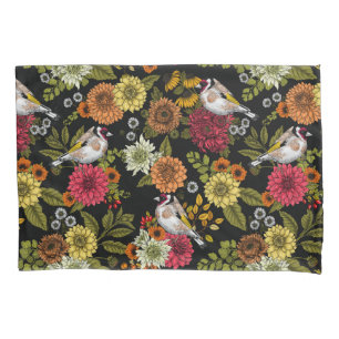 Goldfinches in the garden on black pillowcase