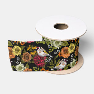 Goldfinches in the garden on black satin ribbon