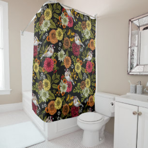 Goldfinches in the garden on black shower curtain
